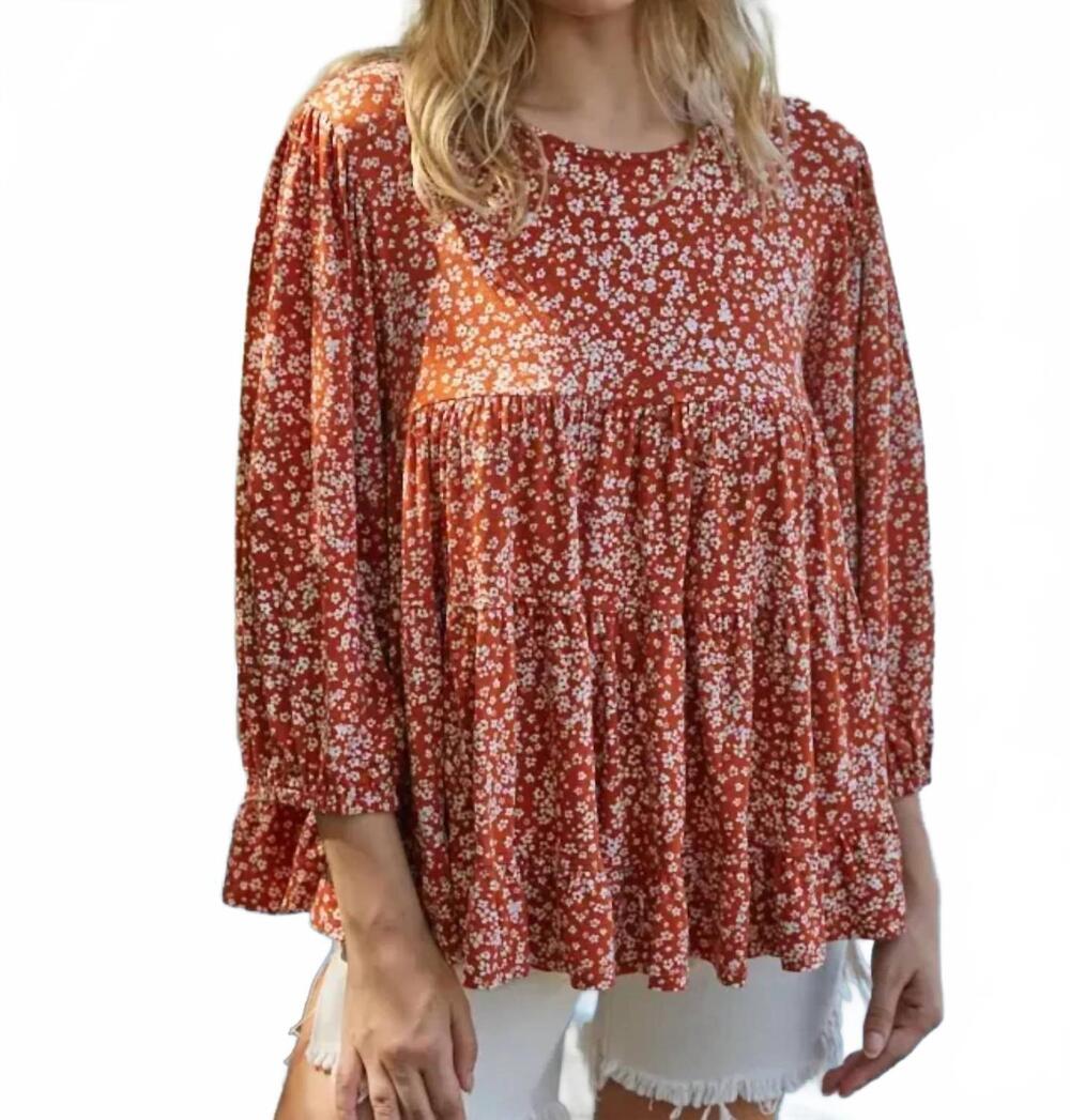 NEW BY TOGETHER balloon sleeve tunic top in camel multi